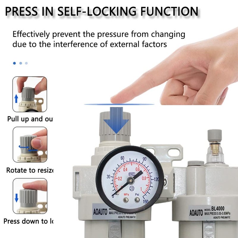 AOAUTO 1/2" NPT Compressed Air Filter Regulator Lubricator Combo,Air Tool Compressor Filter with Gauge(0-150PSI),Air Dryer for Compressor,Water/Oil Trap Separator(Manual Drainage) - Image 3